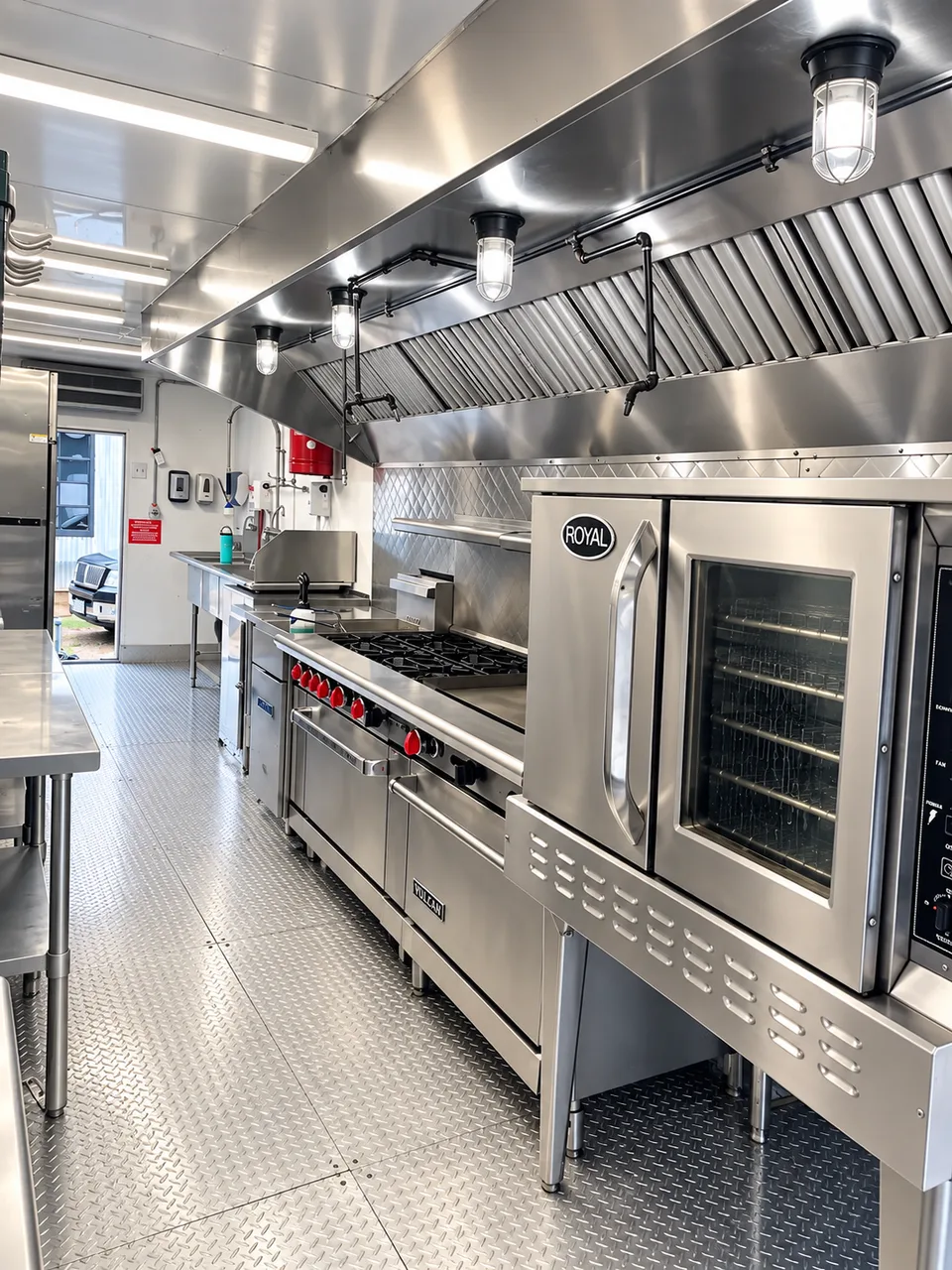 Commercial kitchen trailer range oven hood in the 28 ft mobile kitchen trailer