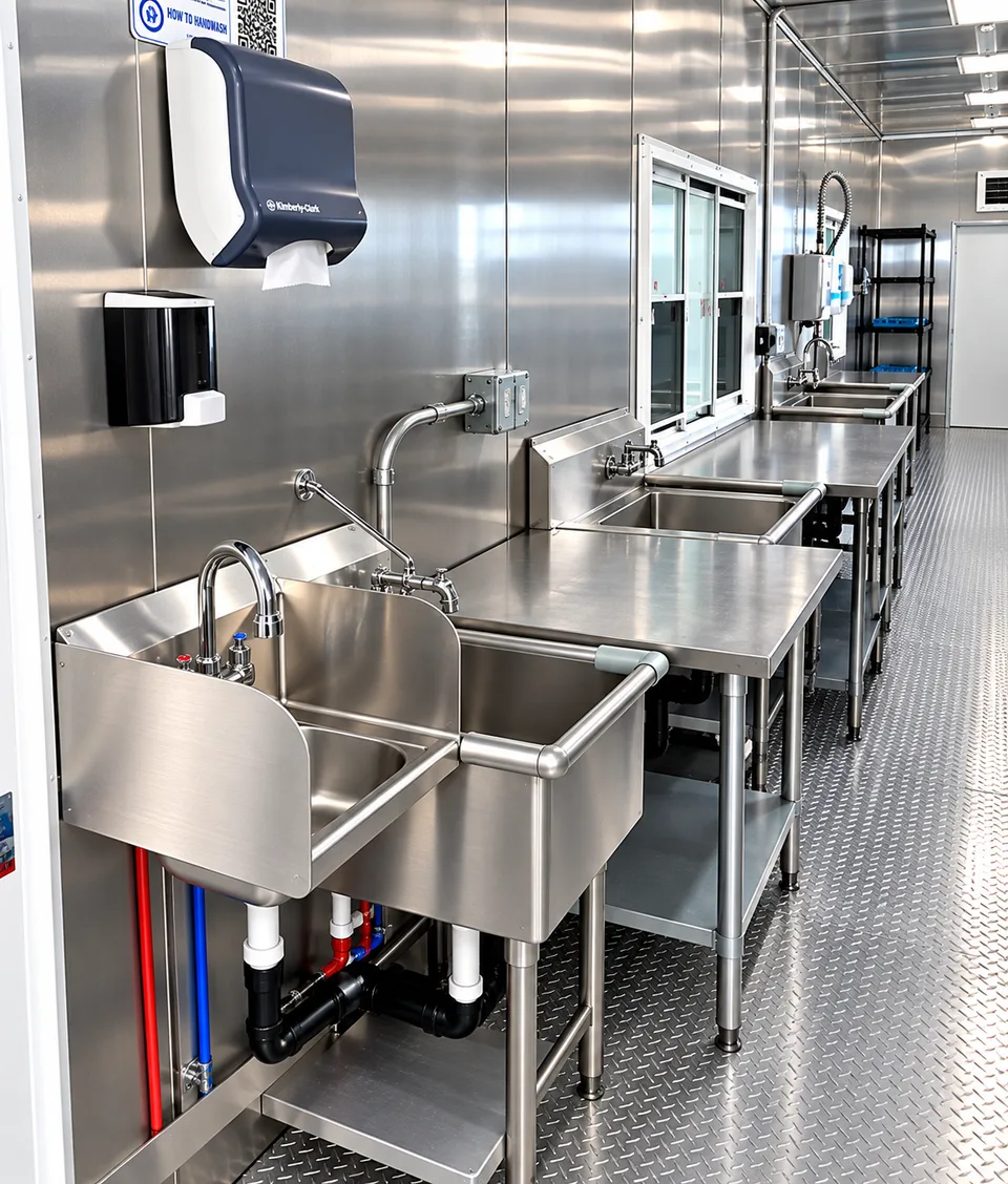 Commercial dish trailer dishwasher loading station in the 38 ft high-temperature conveyor dishwashing trailer