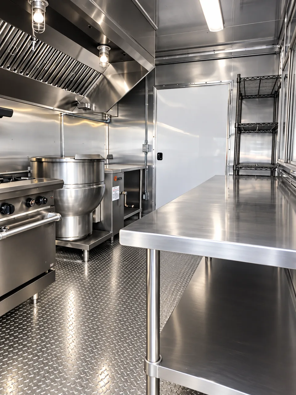 Mobile commercial kitchen steam kettle stainless prep table in the 40 ft bulk combination kitchen trailer
