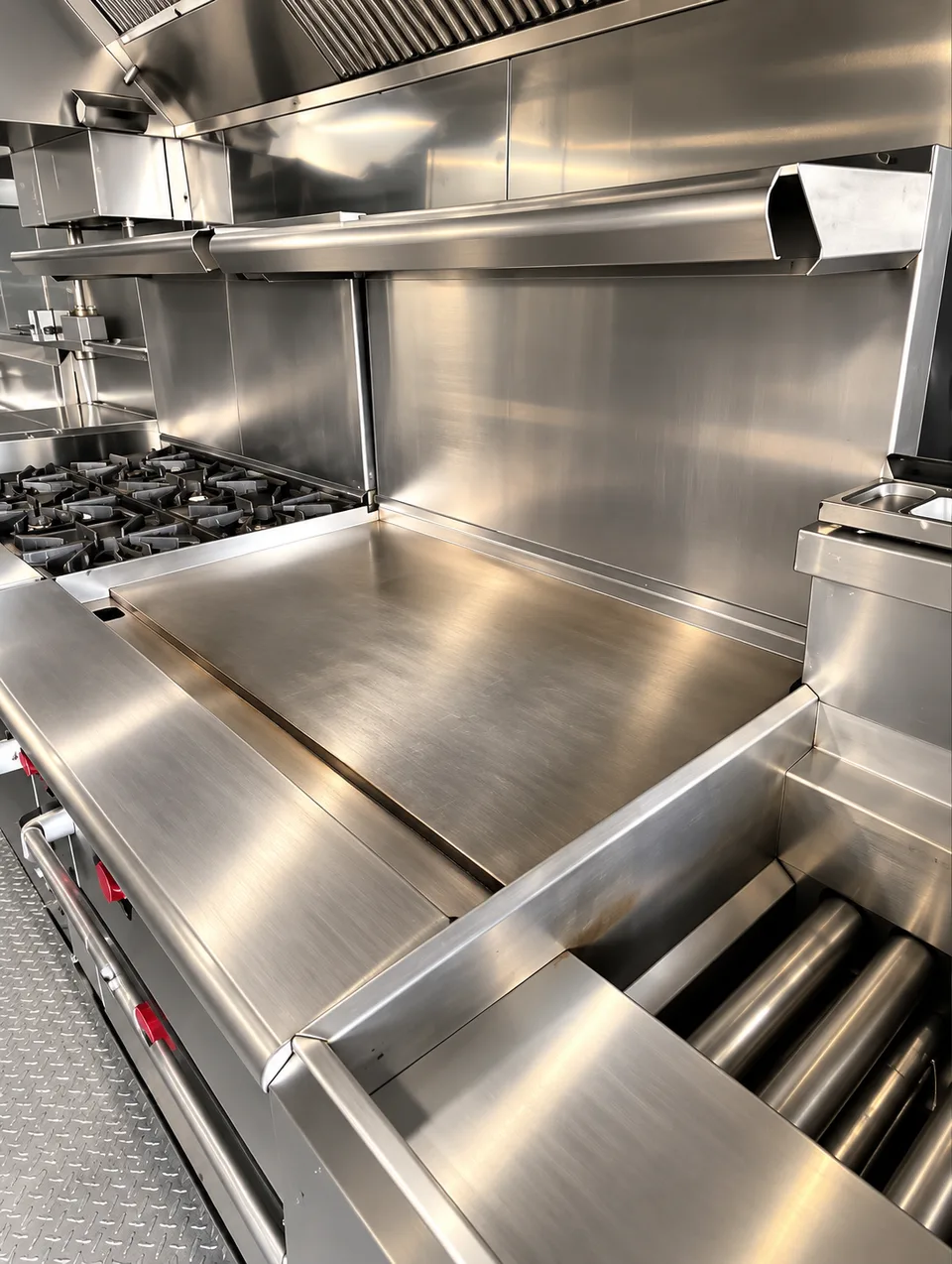Commercial kitchen trailer flat top griddle range in the 40 ft mobile kitchen trailer