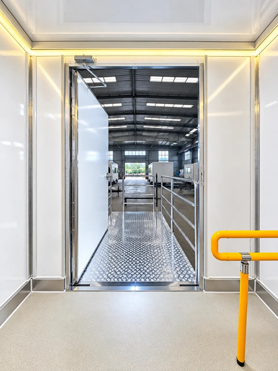 8 stall ada shower restroom trailer interior in the eight-stall shower and restroom combination trailer with one ADA stall
