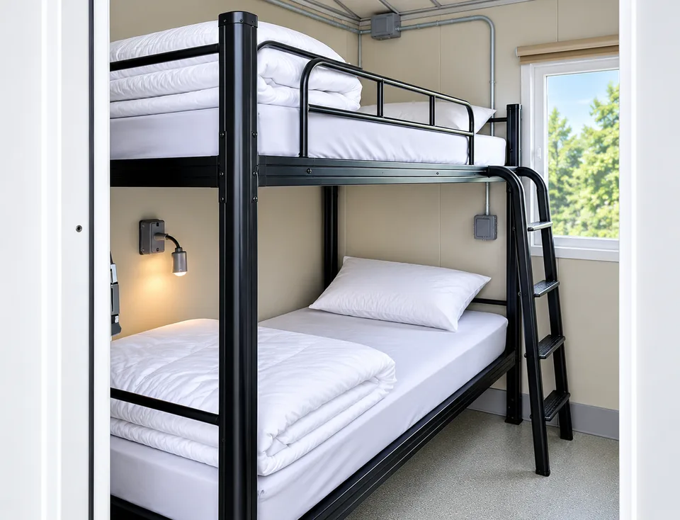 Sleeper trailer 2 stall bunk bed interior in the two-stall sleeper trailer