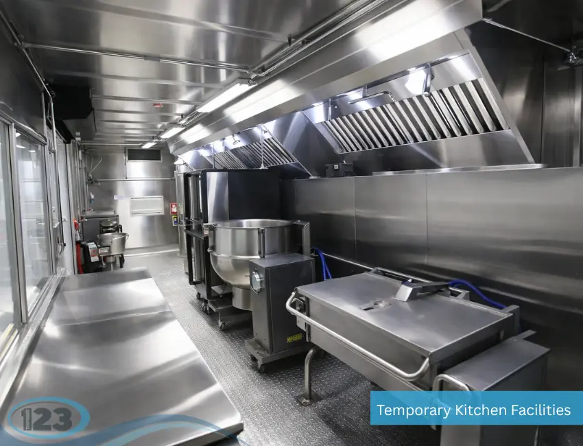 Commercial cooking equipment and preparation space inside a Mobile Air Conditioning Rentals mobile kitchen