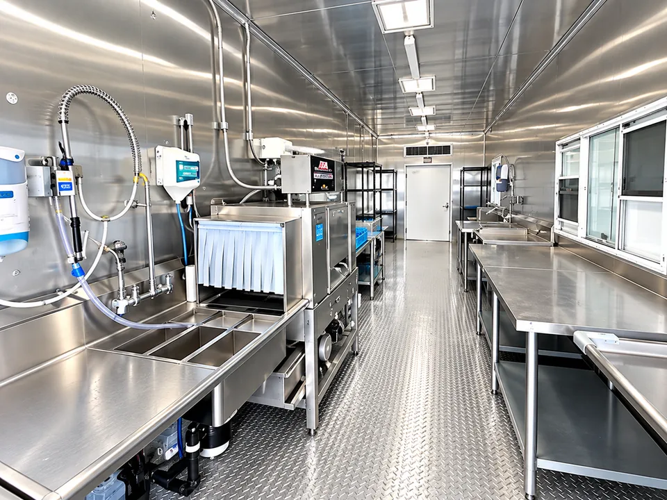 Dishwashing machine and stainless steel work surfaces inside a commercial trailer